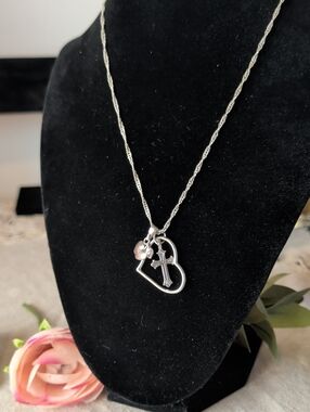 Teacher Apple Heart Cross Charm Necklace Faith Inspire Silver Tone Gift